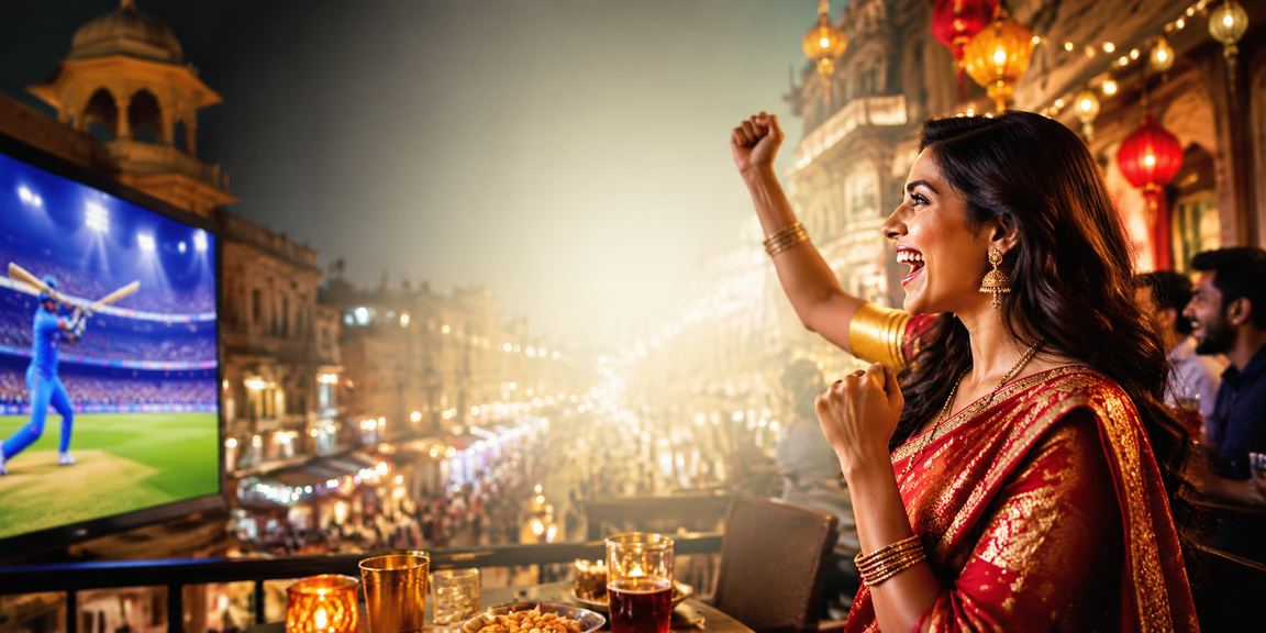 Woman wearing saree betting on cricket in India