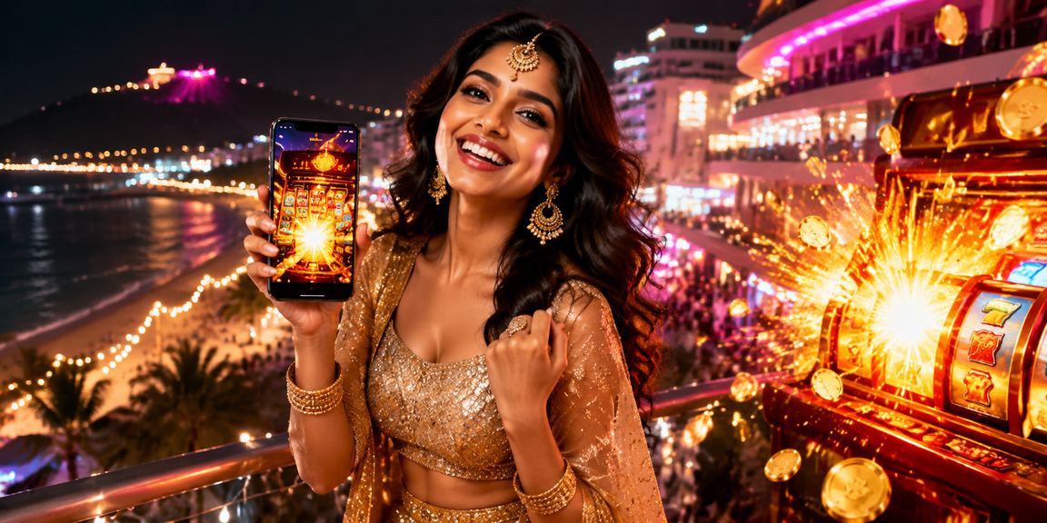 Indian woman playing vibrant online slot game on smartphone in traditional attire